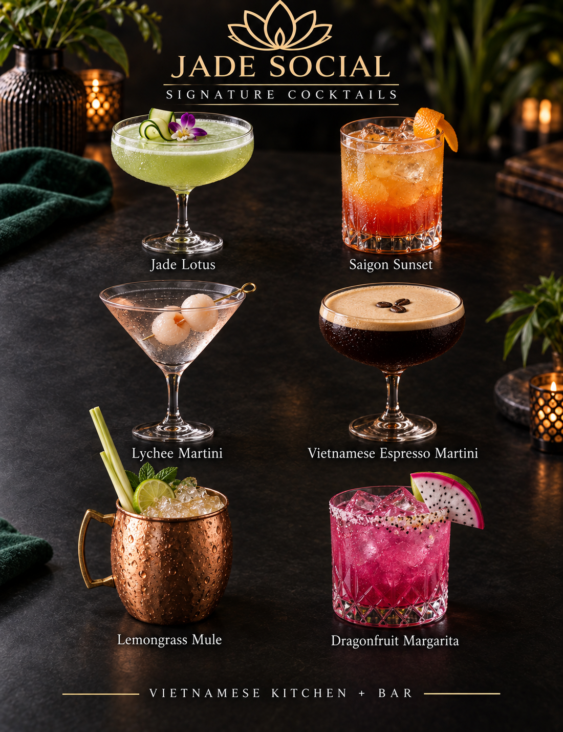 Concept presentation of six Jade Social signature cocktails