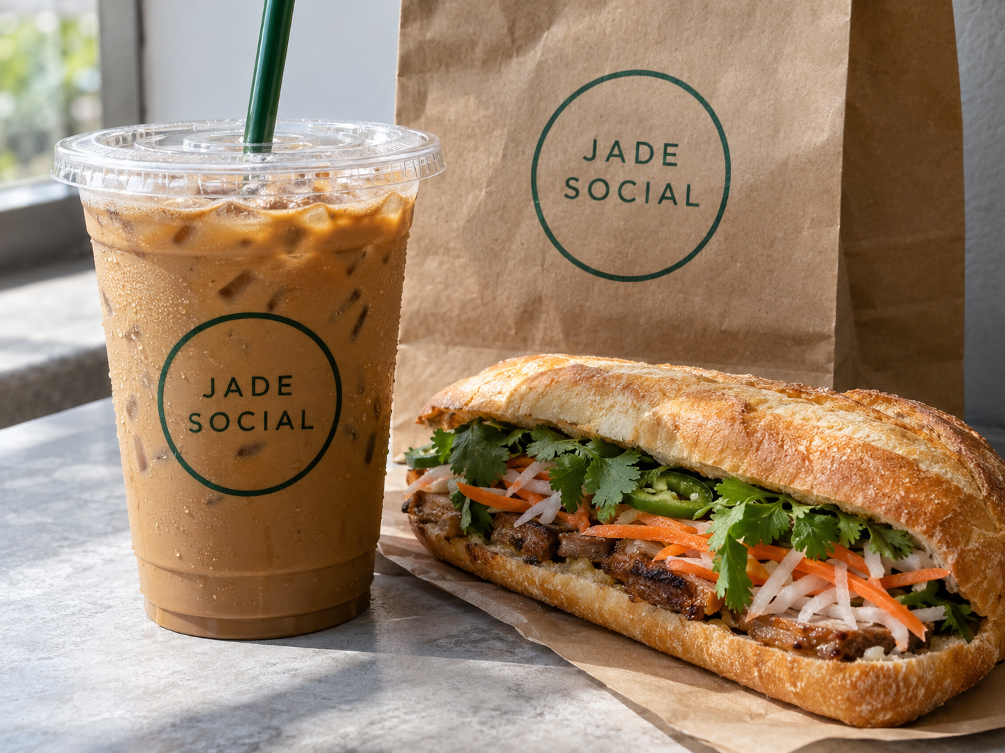 Creamy Vietnamese iced coffee in a clear Jade Social cup beside a bánh mì and brown kraft takeaway bag
