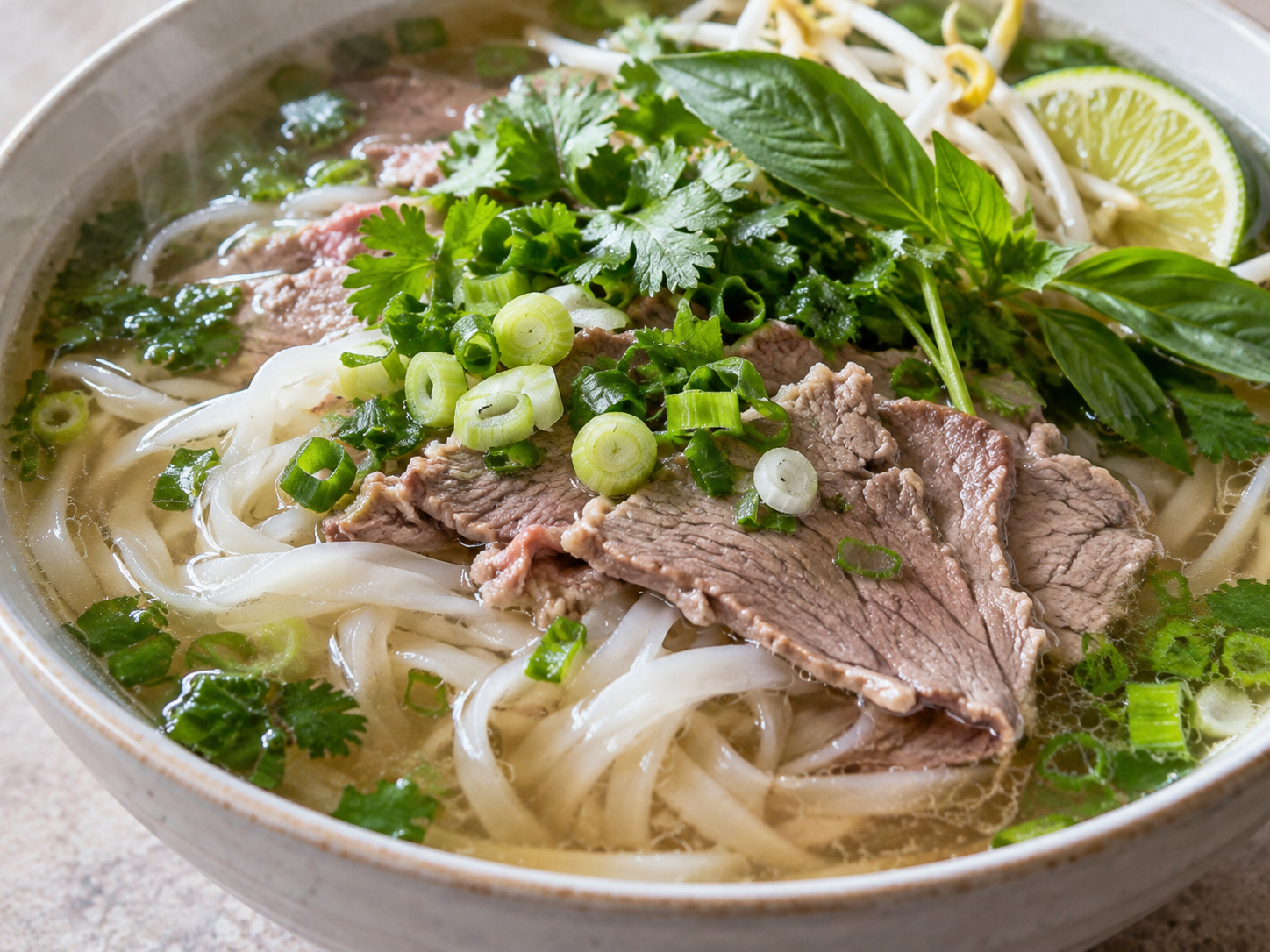 Close-up bowl of beef phở with rice noodles and fresh herbs