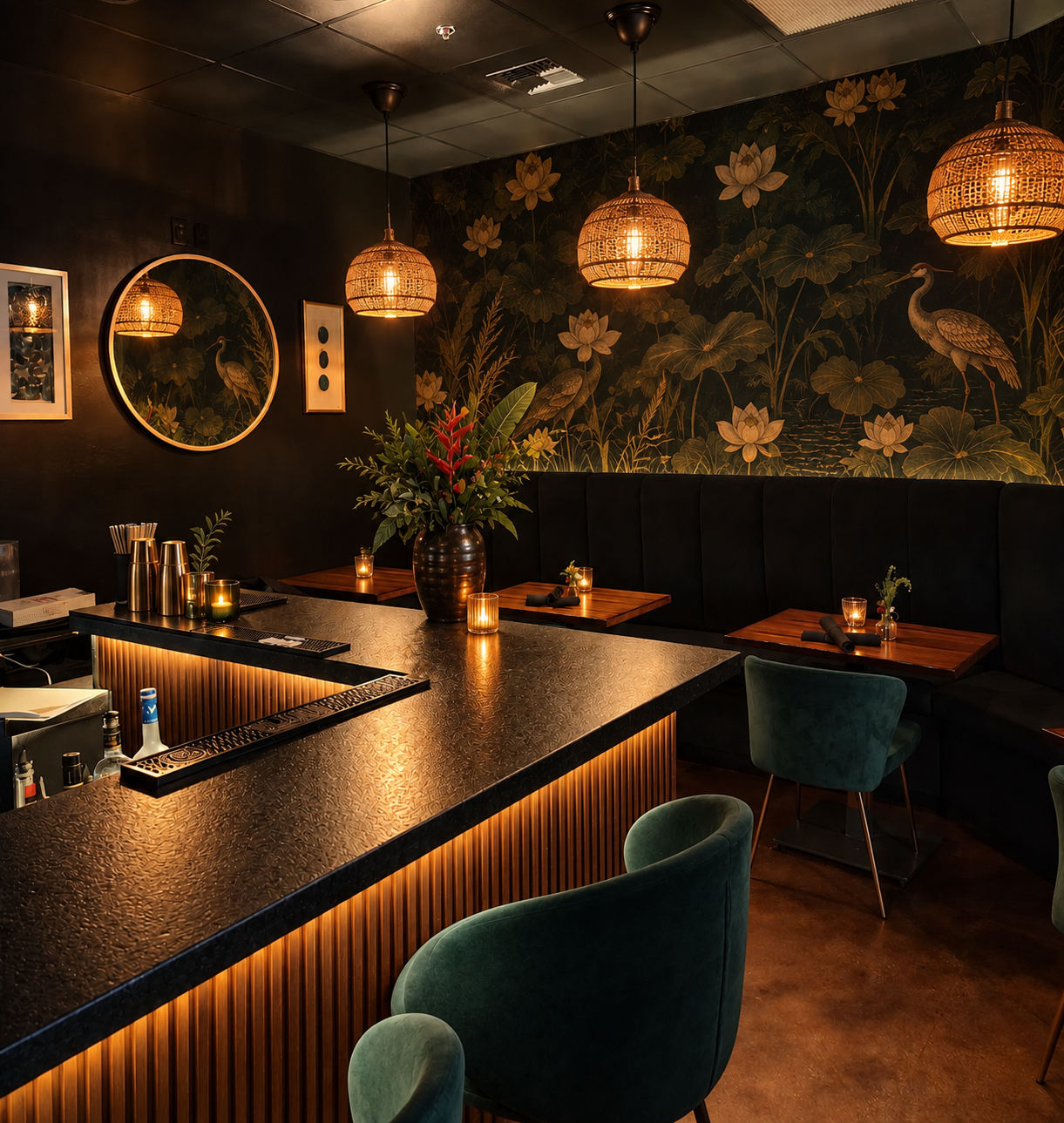 Jade Social bar design concept with warm lighting, lotus wall art, dark finishes, and green chairs