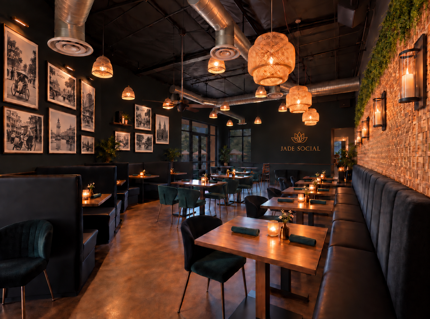 Jade Social dining room design concept with the existing layout, warm woven lights, dark booths, and Vietnamese-inspired artwork