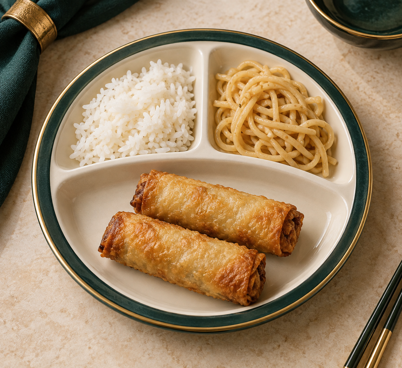 Two crispy egg rolls with small portions of rice and noodles