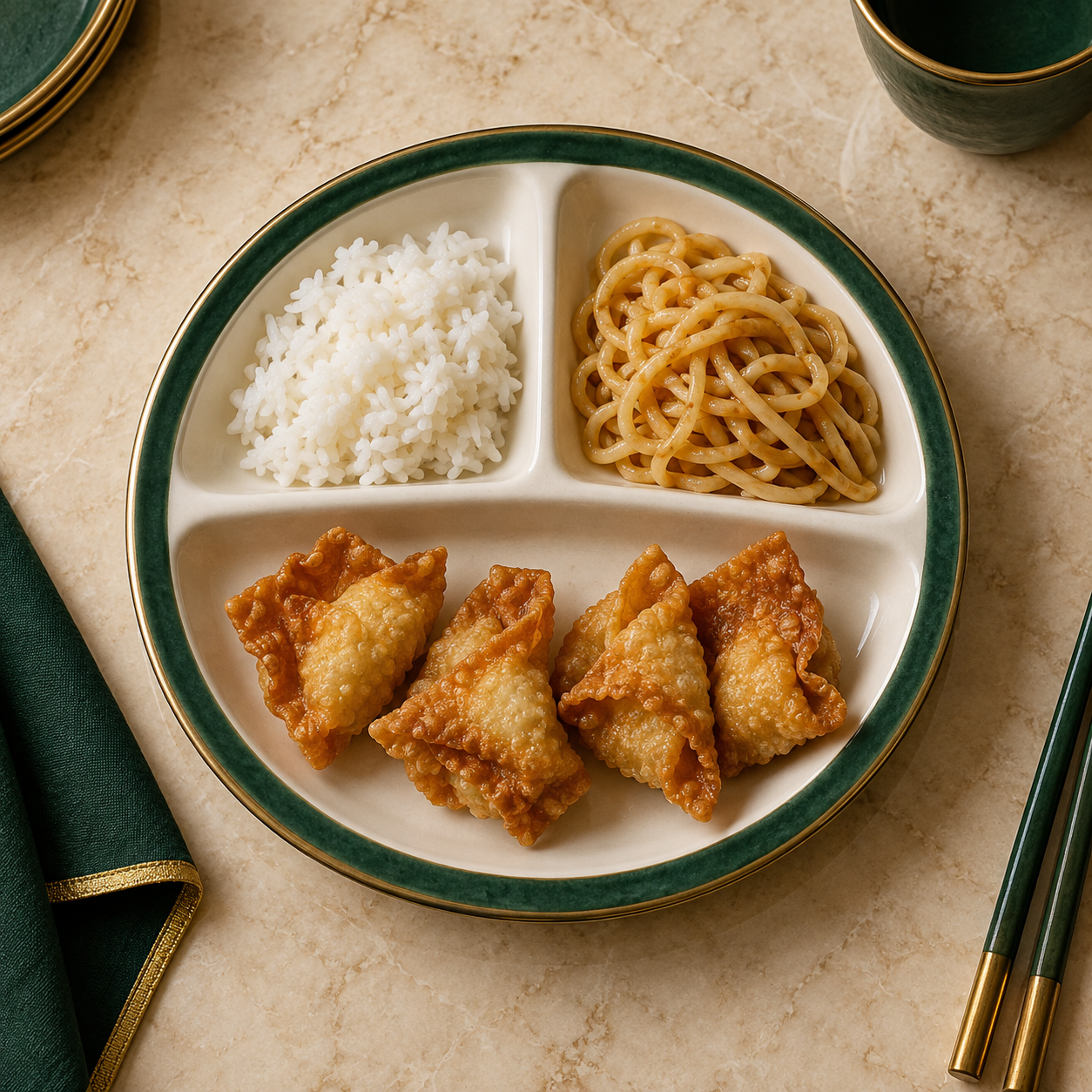 Crispy chicken wontons with small portions of rice and noodles