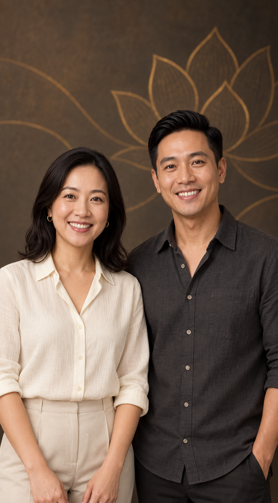 Two welcoming Jade Social presenters in cream and charcoal attire